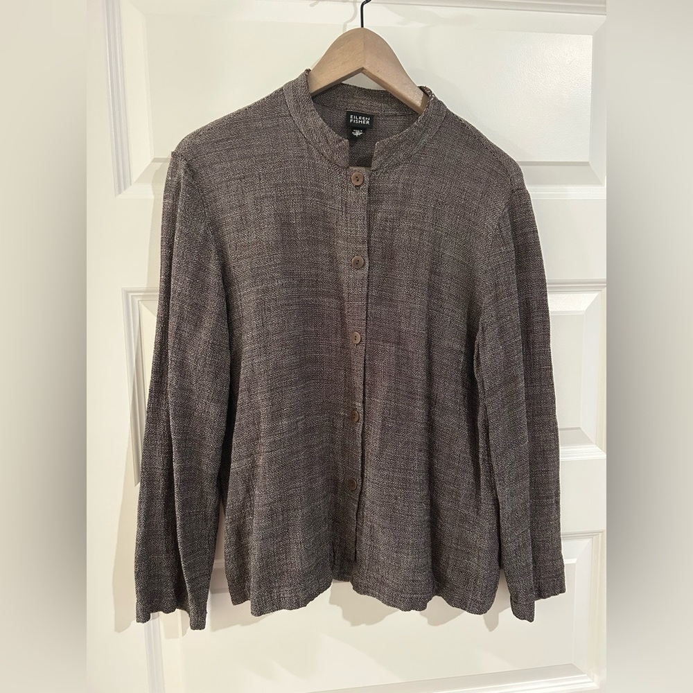 Eileen Fisher Linen Blend Shirt Mandarin Collar Brown Size L